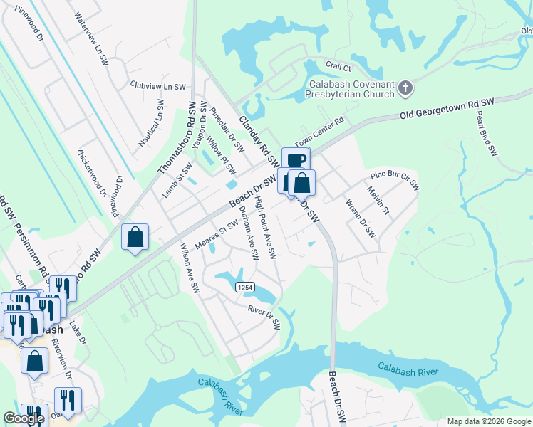 map of restaurants, bars, coffee shops, grocery stores, and more near 1007 High Point Avenue Southwest in Calabash