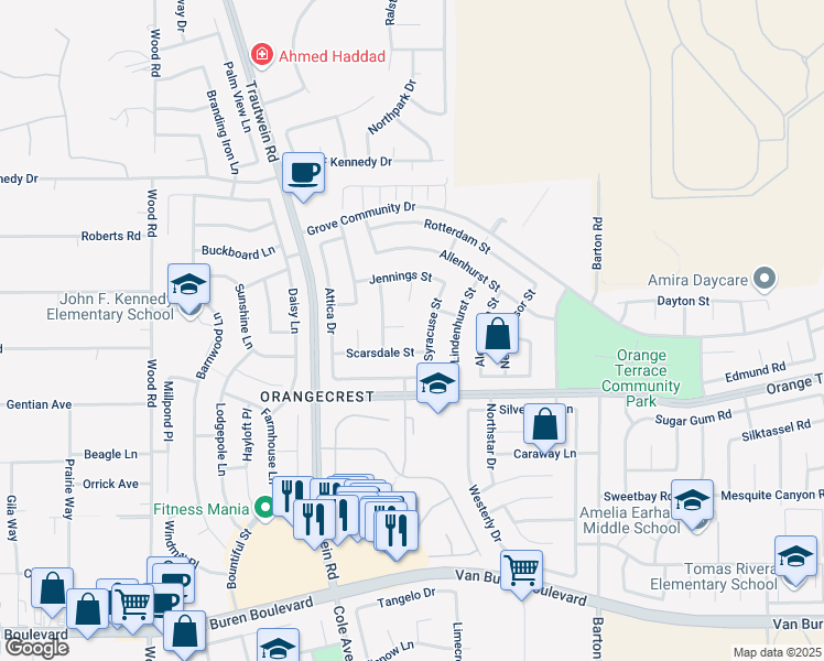 map of restaurants, bars, coffee shops, grocery stores, and more near 19497 Hebron Court in Riverside