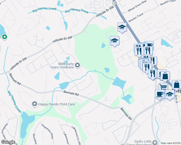 map of restaurants, bars, coffee shops, grocery stores, and more near 1665 Mount McKinley Drive in Grayson