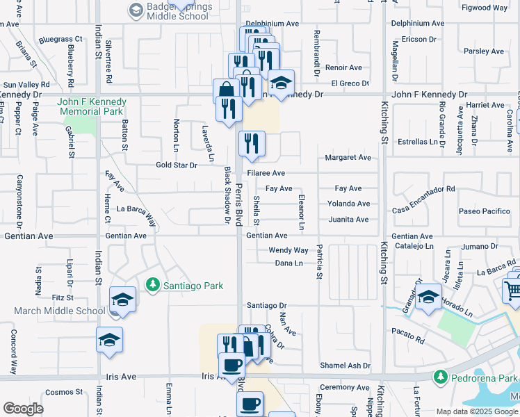 map of restaurants, bars, coffee shops, grocery stores, and more near 25071 Yolanda Avenue in Moreno Valley