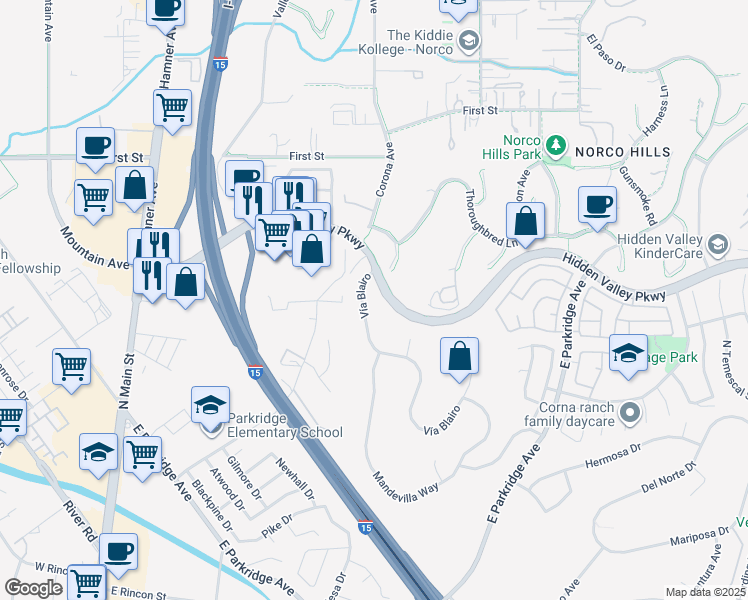 map of restaurants, bars, coffee shops, grocery stores, and more near 775 Vía Blairo in Corona