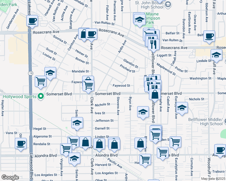 map of restaurants, bars, coffee shops, grocery stores, and more near 9523 Somerset Boulevard in Bellflower