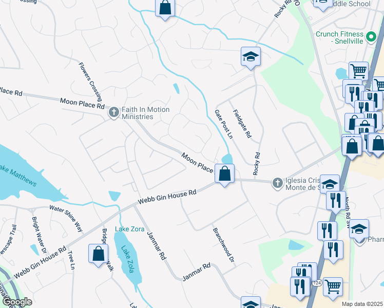 map of restaurants, bars, coffee shops, grocery stores, and more near 1860 Milfield Circle in Snellville