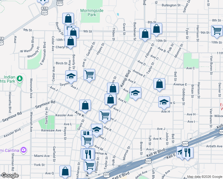 map of restaurants, bars, coffee shops, grocery stores, and more near 1709 Buchanan St in Wichita Falls