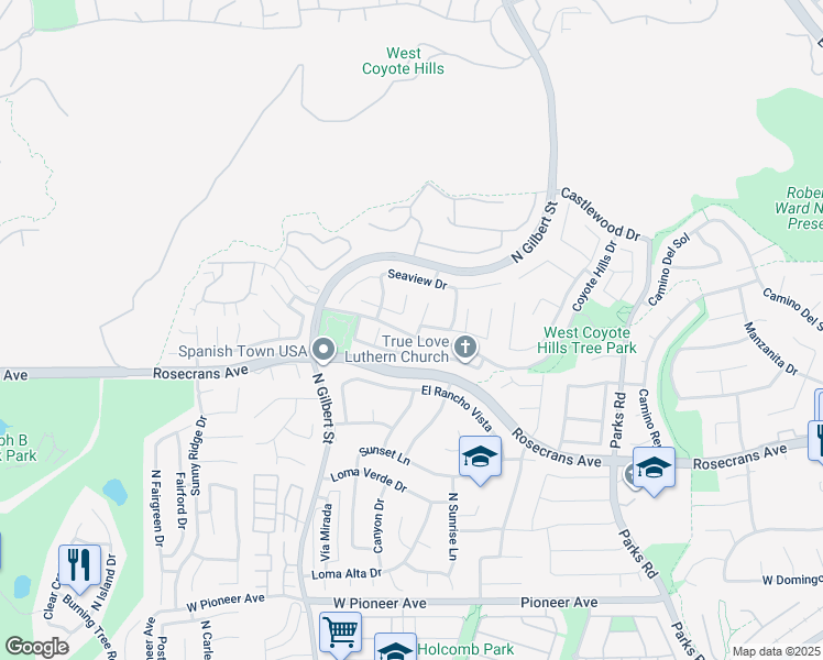 map of restaurants, bars, coffee shops, grocery stores, and more near 2136 Foothill Drive in Fullerton