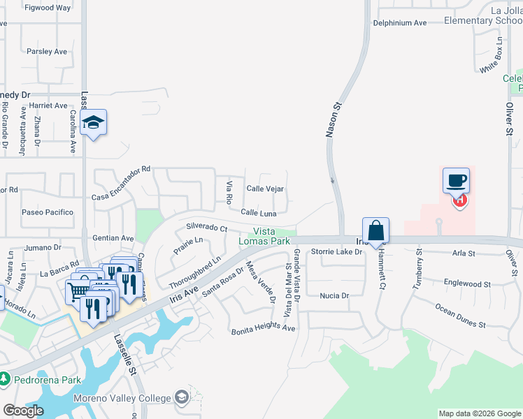 map of restaurants, bars, coffee shops, grocery stores, and more near 26800 Calle Luna in Moreno Valley