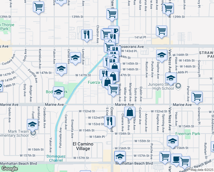 map of restaurants, bars, coffee shops, grocery stores, and more near 11848 Manor Dr in El Camino Village