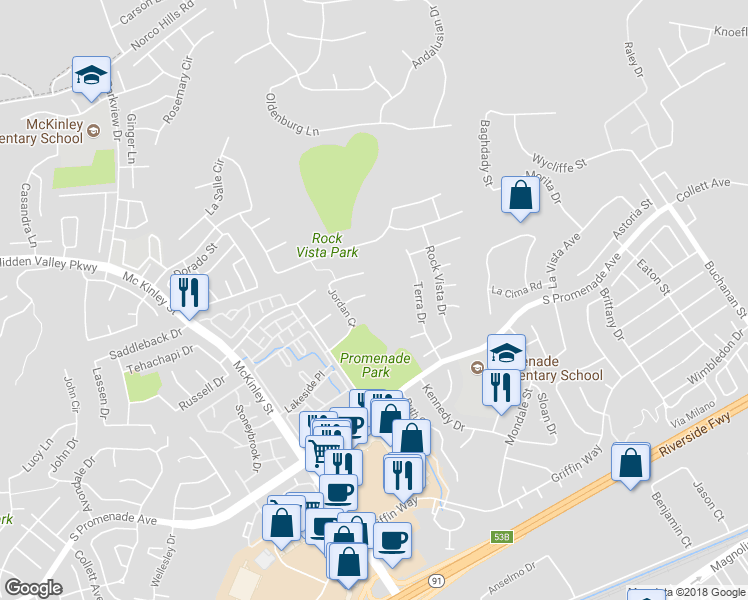 map of restaurants, bars, coffee shops, grocery stores, and more near 2416 Simon Circle in Corona