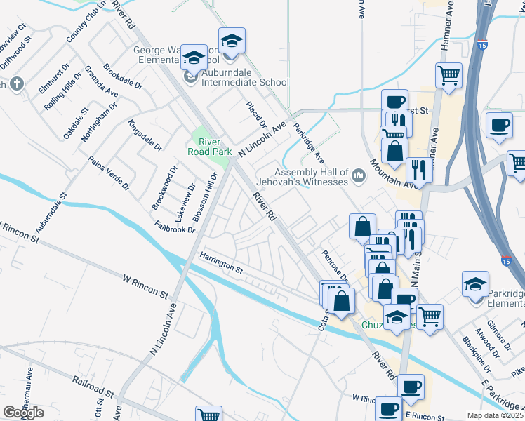 map of restaurants, bars, coffee shops, grocery stores, and more near 911 Primrose Lane in Corona