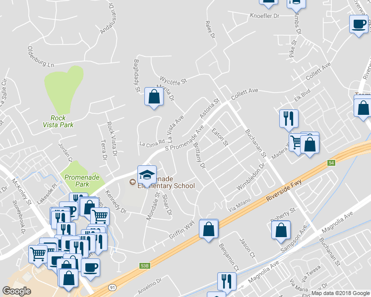 map of restaurants, bars, coffee shops, grocery stores, and more near 2871 New Castle Way in Corona