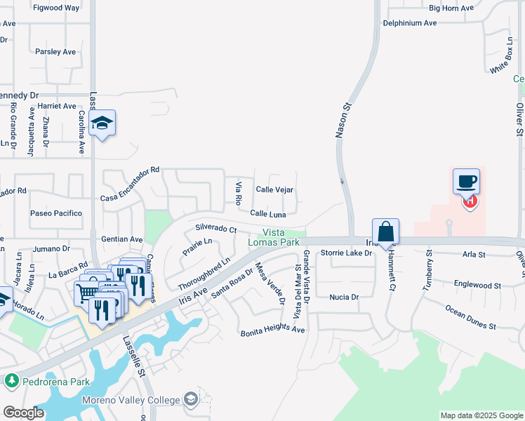 map of restaurants, bars, coffee shops, grocery stores, and more near 15407 Barona Court in Moreno Valley