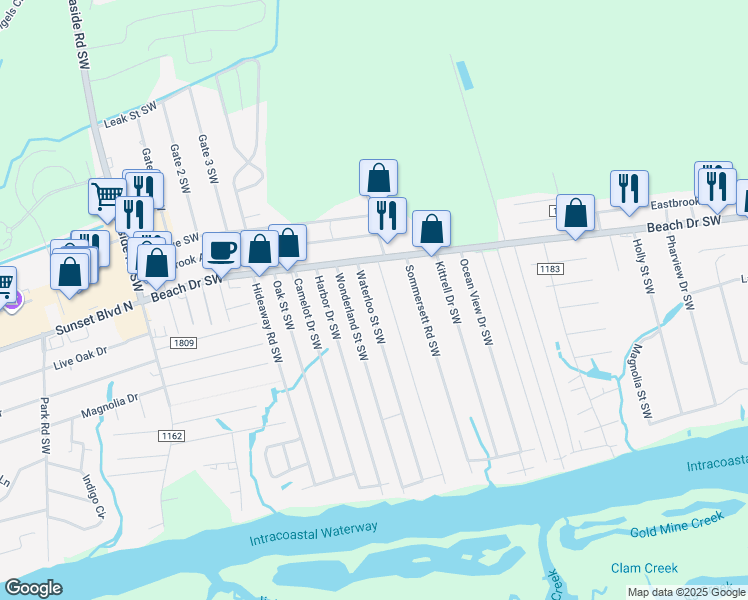 map of restaurants, bars, coffee shops, grocery stores, and more near 1741 Waterloo Street Southwest in Ocean Isle Beach