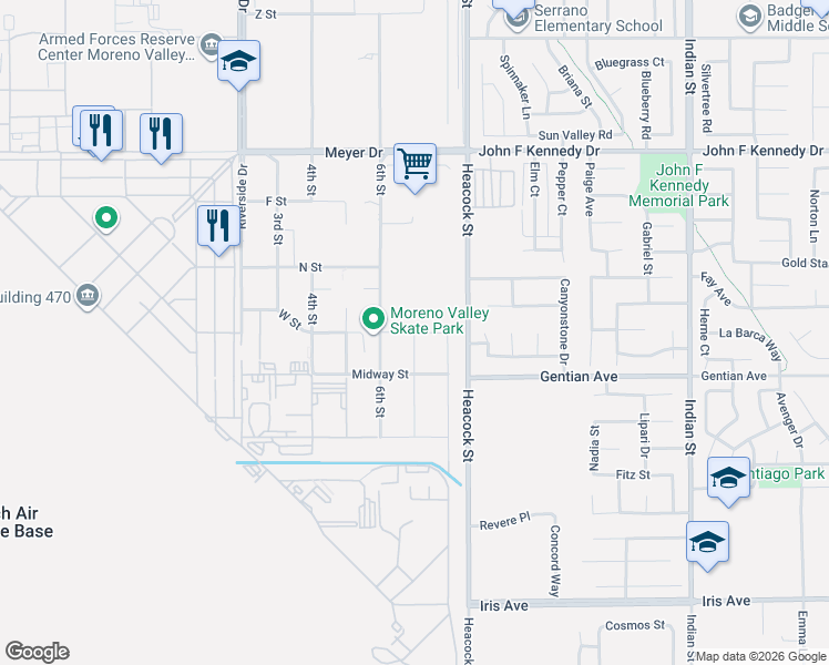 map of restaurants, bars, coffee shops, grocery stores, and more near 7th Street in Moreno Valley