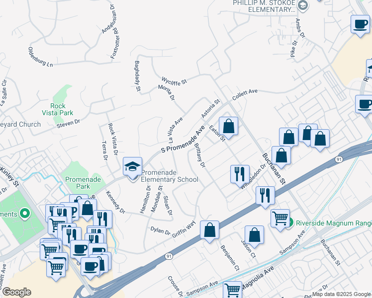map of restaurants, bars, coffee shops, grocery stores, and more near 2871 New Castle Way in Corona