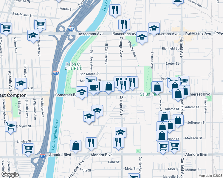 map of restaurants, bars, coffee shops, grocery stores, and more near 6816 San Luis Street in Paramount