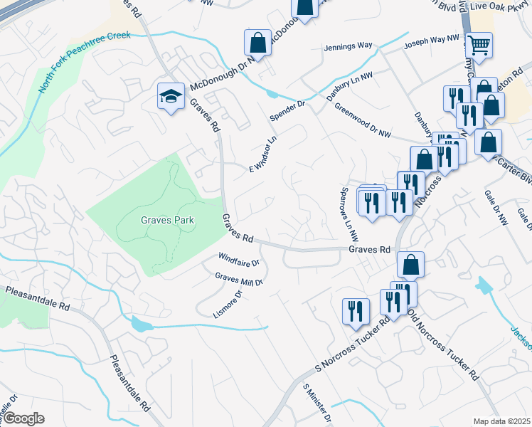 map of restaurants, bars, coffee shops, grocery stores, and more near 6608 Wellington Square in Norcross