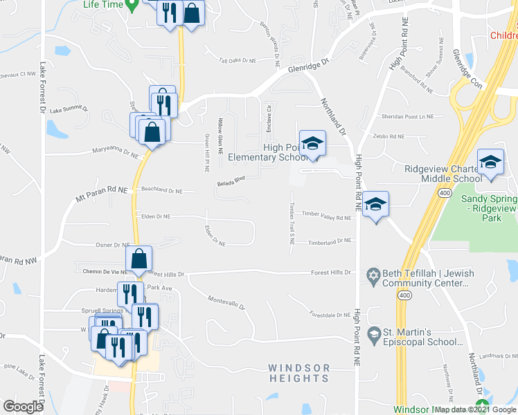 map of restaurants, bars, coffee shops, grocery stores, and more near 570 Belada Boulevard in Atlanta