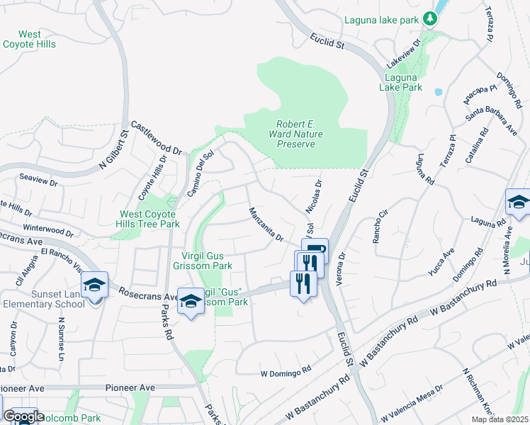 map of restaurants, bars, coffee shops, grocery stores, and more near 1310 Paseo Grande in Fullerton