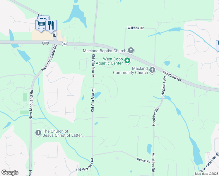 map of restaurants, bars, coffee shops, grocery stores, and more near 3687 Thackary Drive in Powder Springs