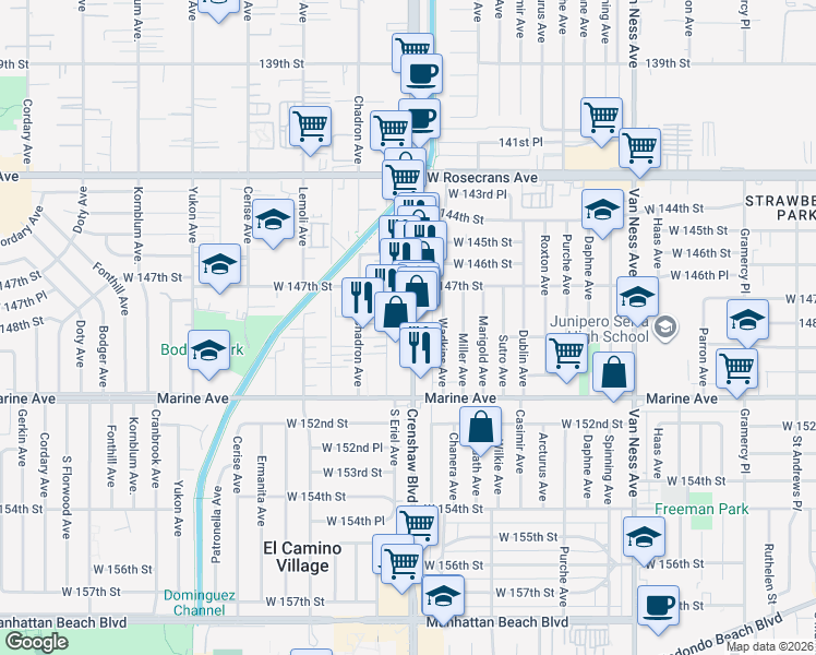 map of restaurants, bars, coffee shops, grocery stores, and more near 14815 Crenshaw Boulevard in Gardena