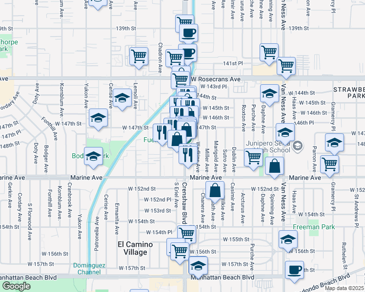 map of restaurants, bars, coffee shops, grocery stores, and more near 14815 Crenshaw Boulevard in Gardena