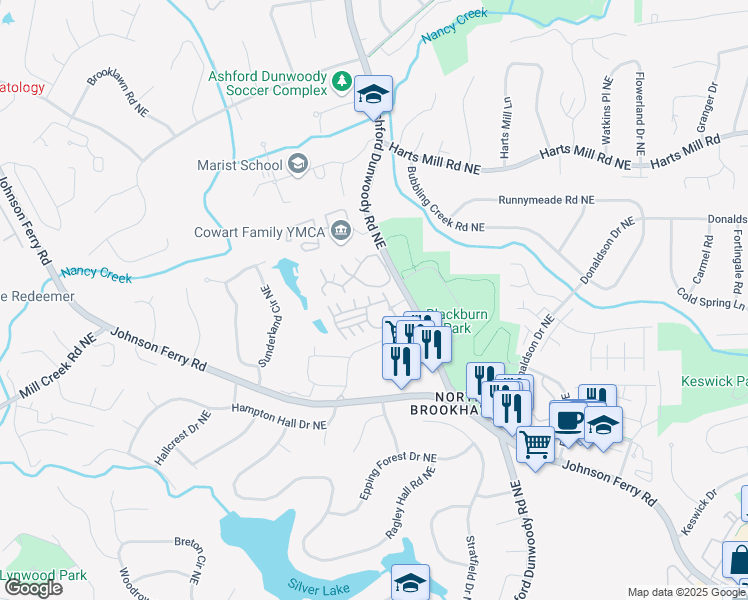 map of restaurants, bars, coffee shops, grocery stores, and more near 3645 Ashford Creek Place Northeast in Atlanta