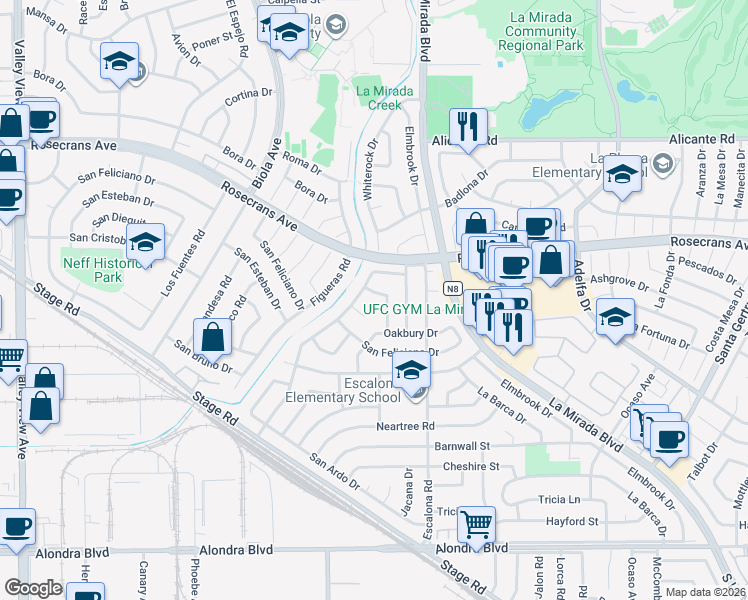 map of restaurants, bars, coffee shops, grocery stores, and more near 14813 Springford Drive in La Mirada