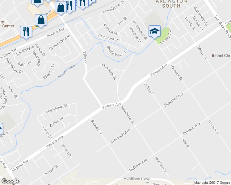 map of restaurants, bars, coffee shops, grocery stores, and more near 2760 McAllister Street in Riverside