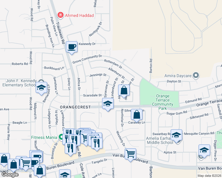 map of restaurants, bars, coffee shops, grocery stores, and more near 8463 Lindenhurst Street in Riverside
