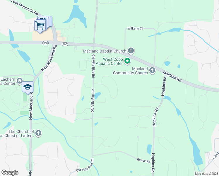 map of restaurants, bars, coffee shops, grocery stores, and more near 3687 Thackary Drive in Powder Springs