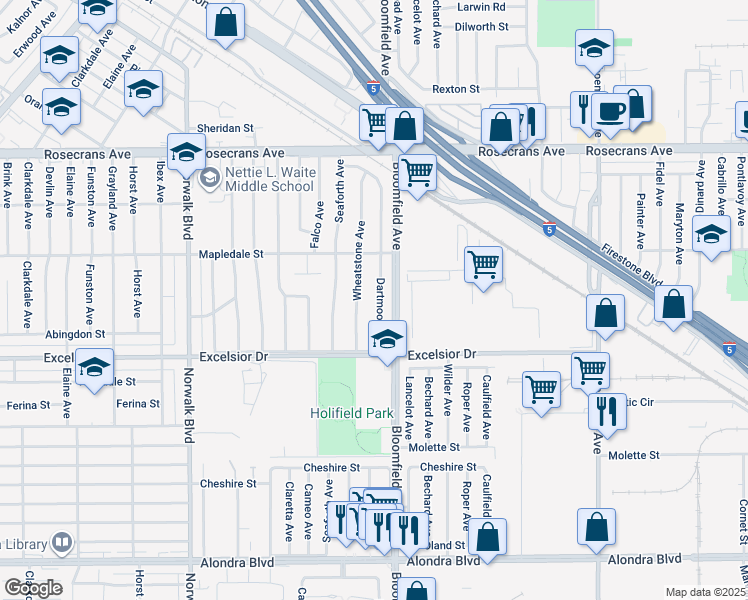 map of restaurants, bars, coffee shops, grocery stores, and more near 14719 Dartmoor Avenue in Norwalk