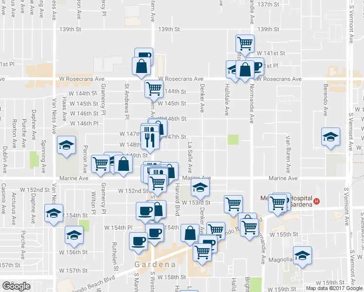map of restaurants, bars, coffee shops, grocery stores, and more near 14812 Harvard Boulevard in Gardena