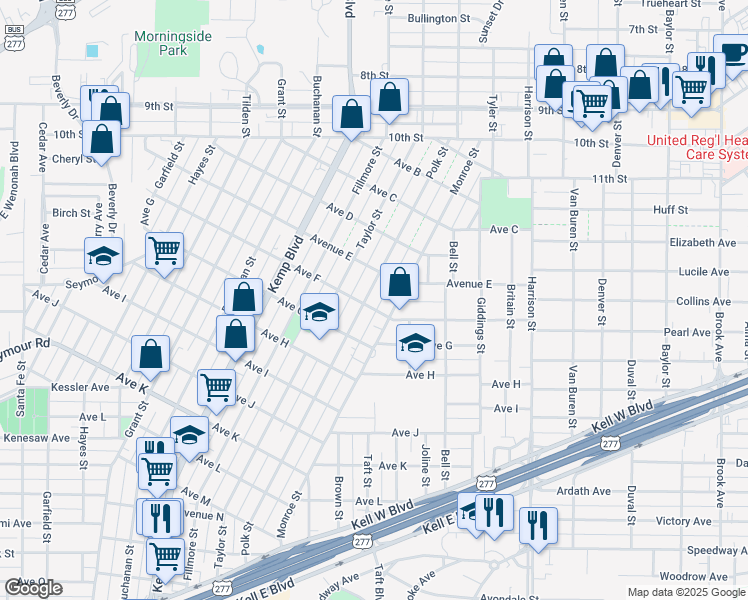 map of restaurants, bars, coffee shops, grocery stores, and more near 1513 Polk Street in Wichita Falls