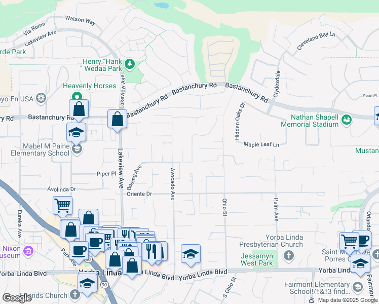 map of restaurants, bars, coffee shops, grocery stores, and more near 4411 Dorthea Street in Yorba Linda
