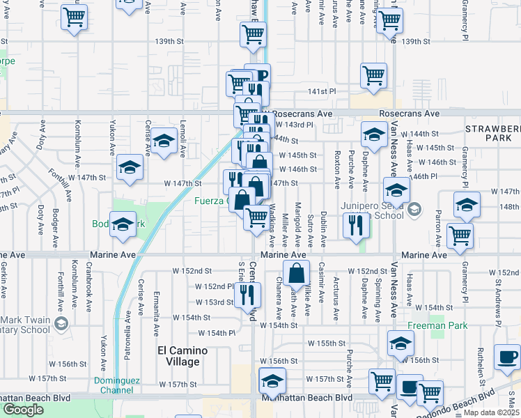 map of restaurants, bars, coffee shops, grocery stores, and more near 14810 Wadshan Alley in Gardena