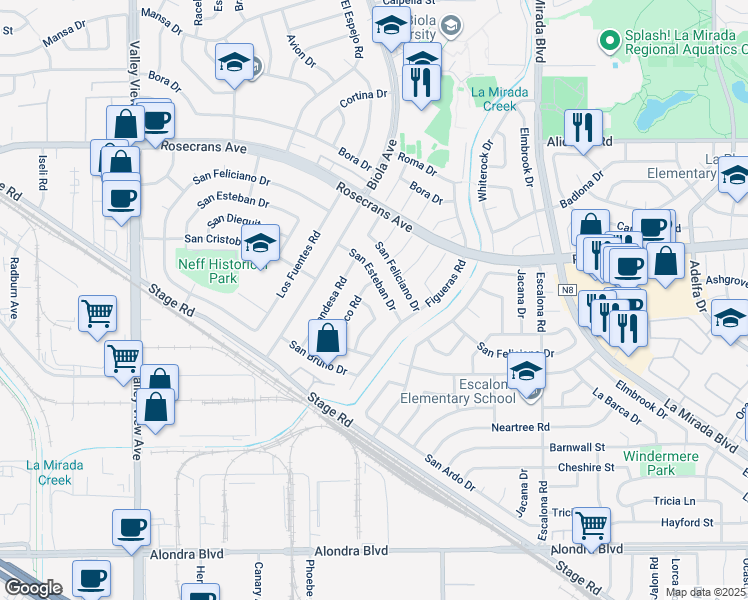 map of restaurants, bars, coffee shops, grocery stores, and more near 14712 Florita Road in La Mirada