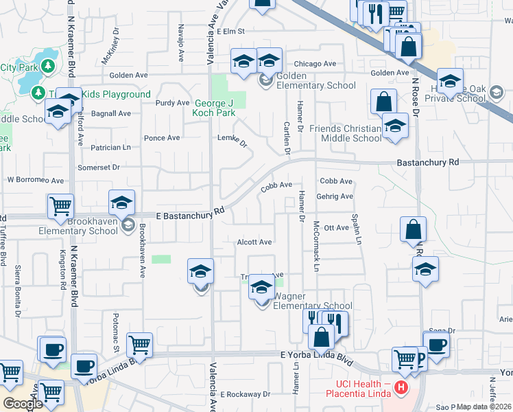map of restaurants, bars, coffee shops, grocery stores, and more near 1925 Clemens Drive in Placentia