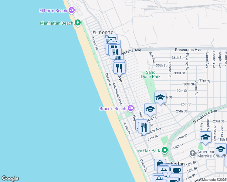 map of restaurants, bars, coffee shops, grocery stores, and more near 3104 Ocean Drive in Manhattan Beach