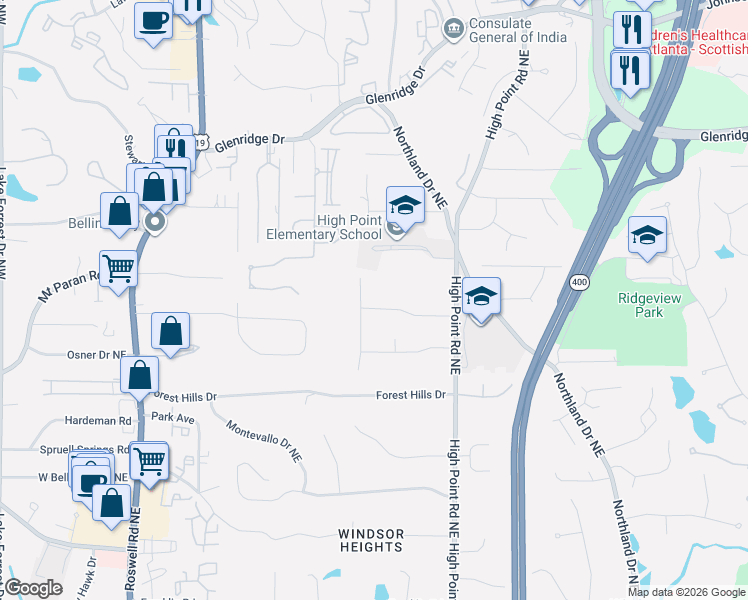 map of restaurants, bars, coffee shops, grocery stores, and more near 510 Timber Valley Road Northeast in Atlanta