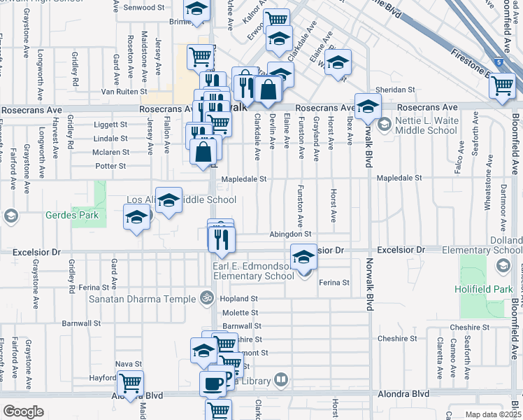 map of restaurants, bars, coffee shops, grocery stores, and more near 14722 Clarkdale Avenue in Norwalk