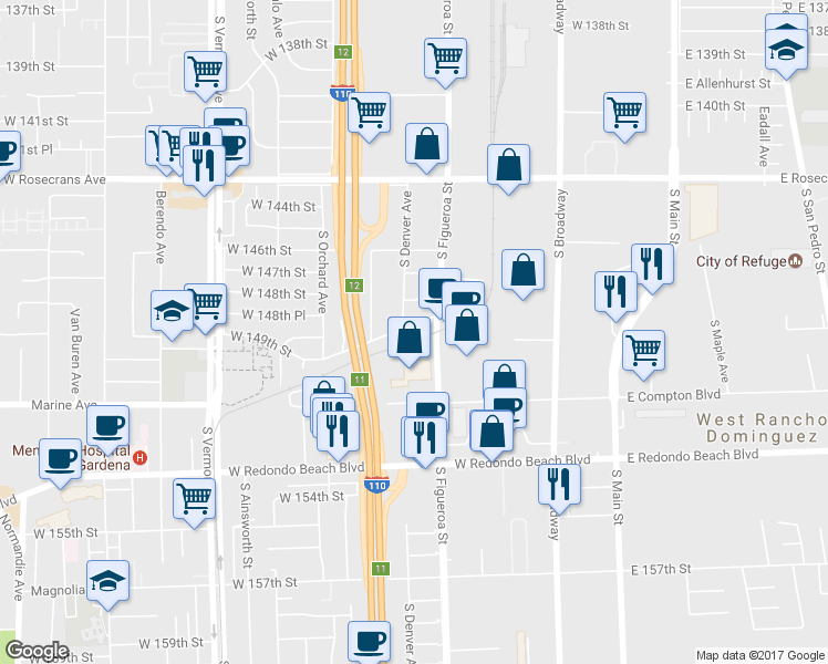 map of restaurants, bars, coffee shops, grocery stores, and more near 524 W 149th St in Gardena