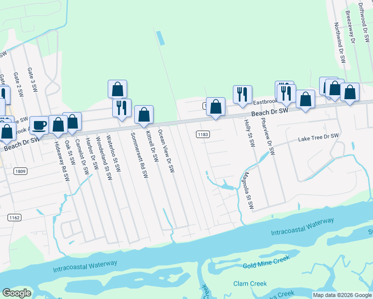 map of restaurants, bars, coffee shops, grocery stores, and more near 1811 Inland Dr SW in Ocean Isle Beach