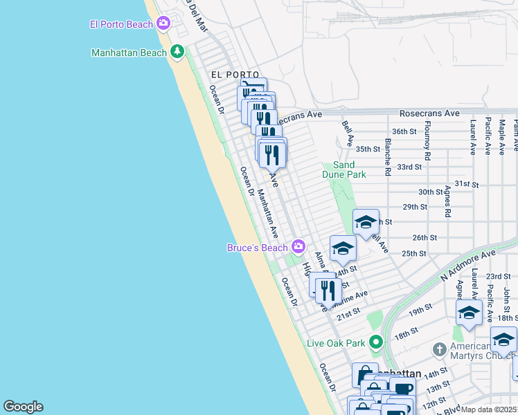 map of restaurants, bars, coffee shops, grocery stores, and more near 121 31st Street in Manhattan Beach