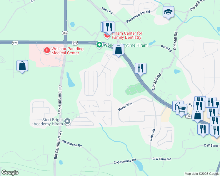 map of restaurants, bars, coffee shops, grocery stores, and more near 214 Highland Falls Drive in Hiram