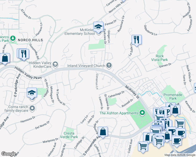 map of restaurants, bars, coffee shops, grocery stores, and more near 933 Cimarron Lane in Corona