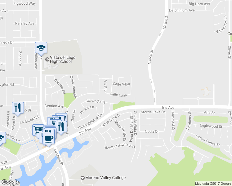 map of restaurants, bars, coffee shops, grocery stores, and more near 26800 Calle Luna in Moreno Valley