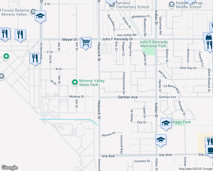 map of restaurants, bars, coffee shops, grocery stores, and more near 15395 Fugate Court in Moreno Valley