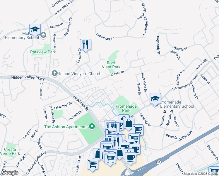 map of restaurants, bars, coffee shops, grocery stores, and more near 2321 Mount Humphries Circle in Corona
