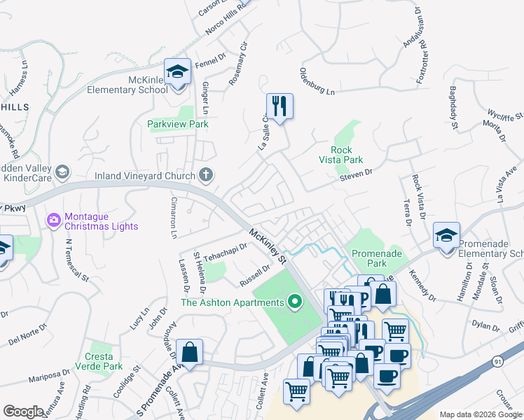 map of restaurants, bars, coffee shops, grocery stores, and more near 2220 Cabana Court in Corona