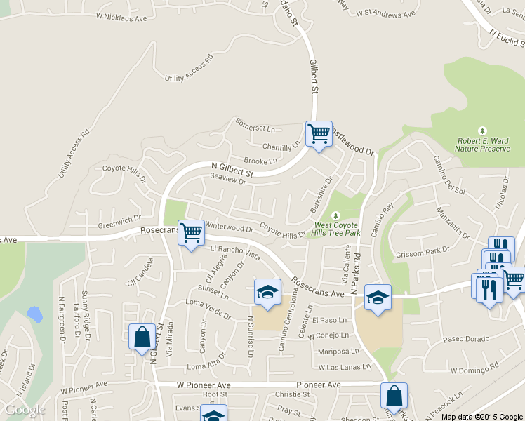 map of restaurants, bars, coffee shops, grocery stores, and more near 2201 Heritage Way in Fullerton
